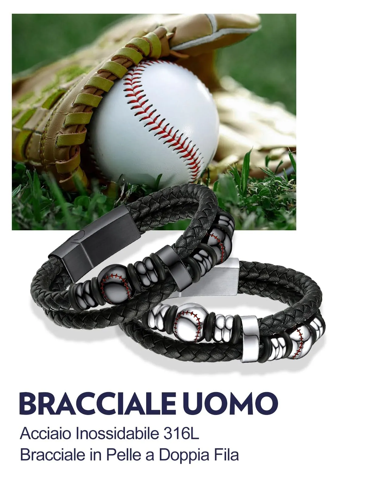 Bandmax Bracciale in Pelle da Uomo con Elementi Baseball, Nero, 21 cm - immagine 7