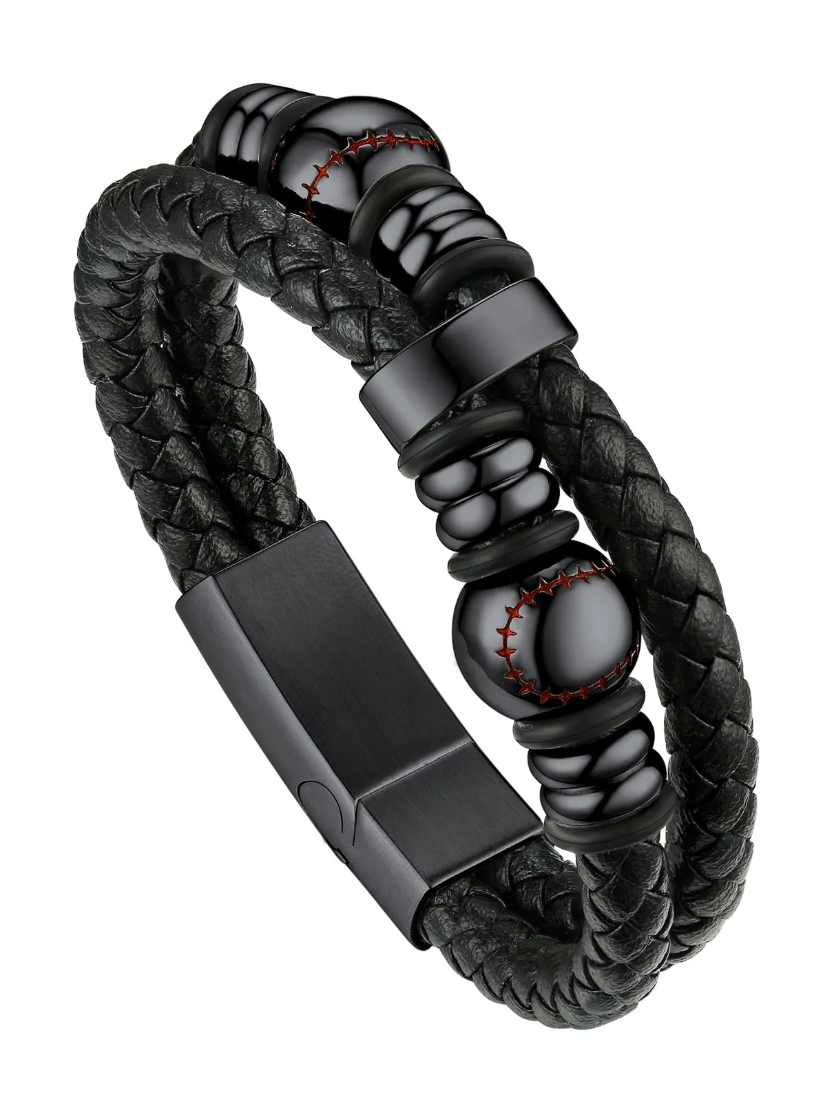 Bandmax Bracciale in Pelle Uomo con Baseball Nero, 19 cm - immagine 1