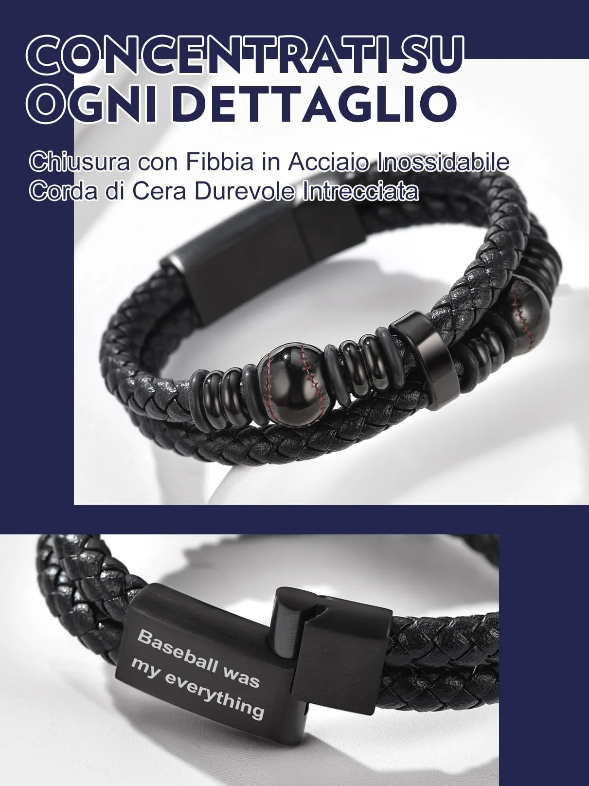 Bandmax Bracciale in Pelle Uomo con Baseball Nero, 19 cm - immagine 4