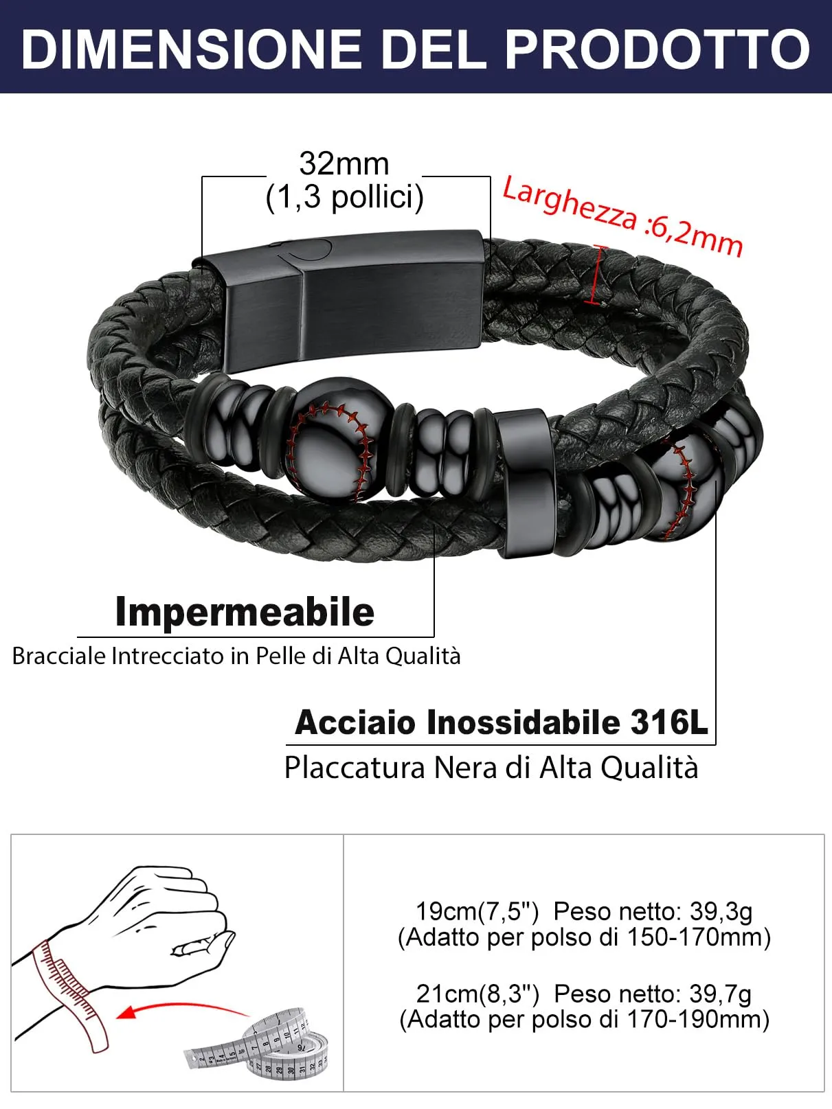 Bandmax Bracciale in Pelle Uomo con Baseball Nero, 19 cm - immagine 5