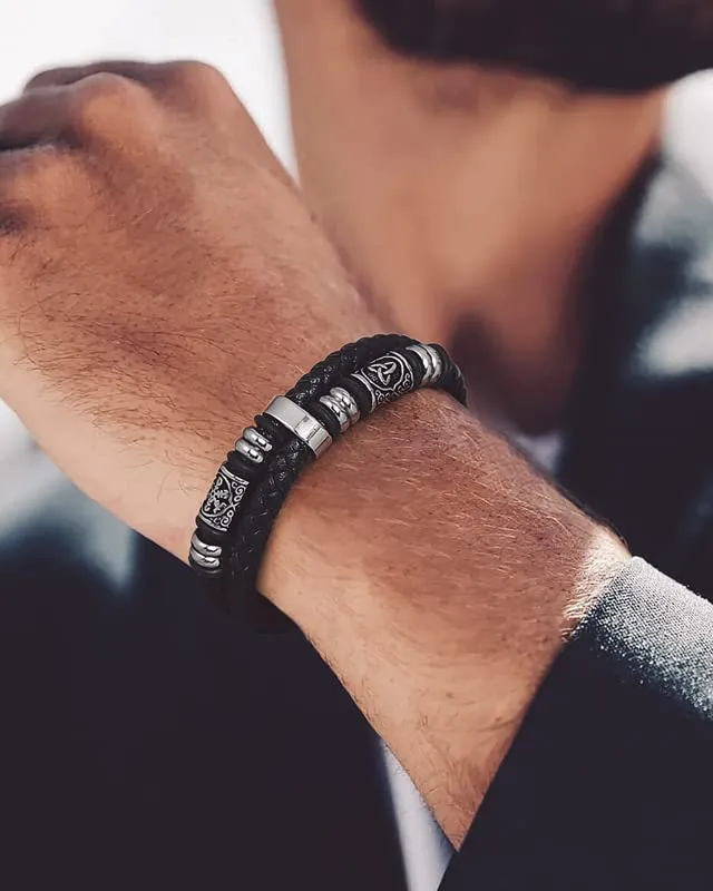 Bandmax Bracciale Uomo in Pelle con Bussola Vichingo e Triquetra Celtica, Argento, 19 cm - immagine 2