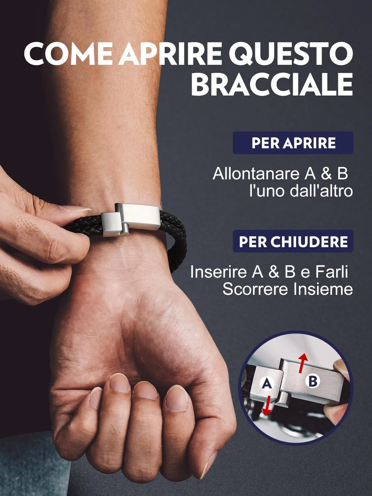 Bandmax Bracciale Uomo in Pelle con Bussola Vichingo e Triquetra Celtica, Argento, 19 cm - immagine 5
