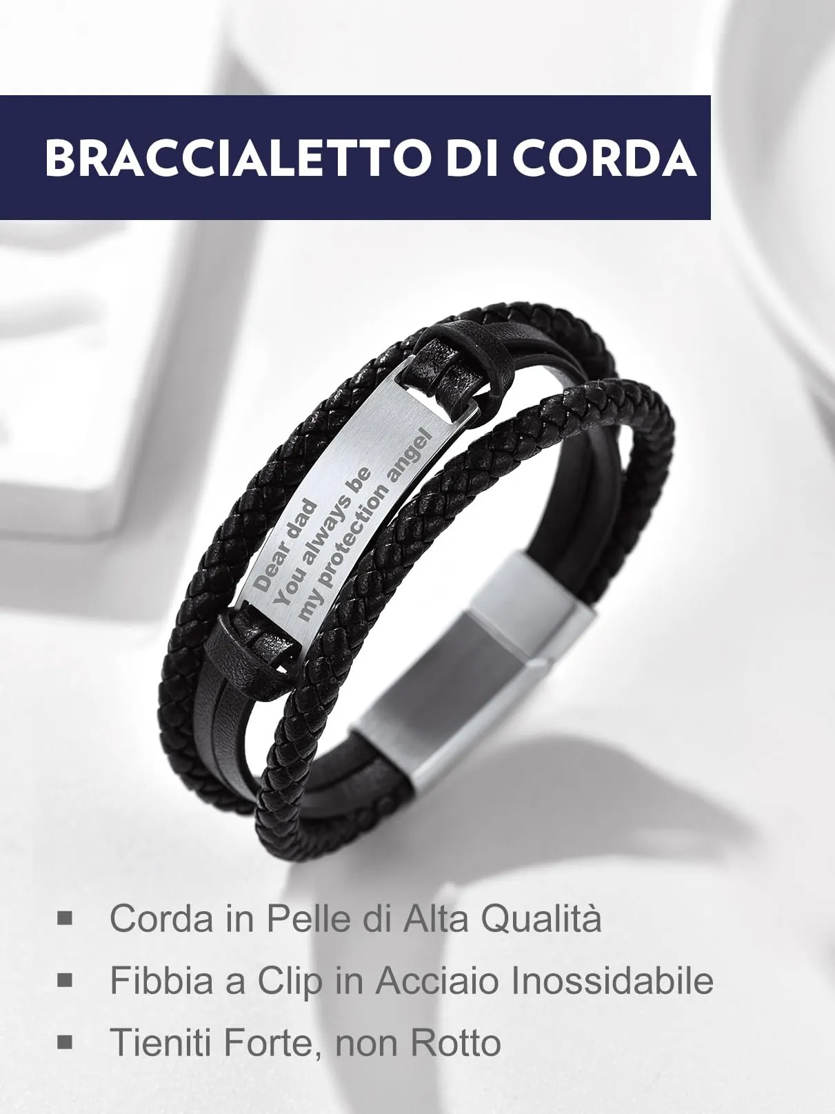 Bandmax Bracciale in Pelle Personalizzato Uomo, Argento, 21 cm - immagine 4