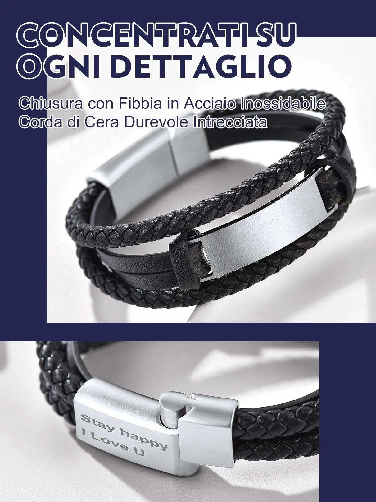 Bandmax Bracciale in Pelle Personalizzato Uomo, Argento, 21 cm - immagine 5