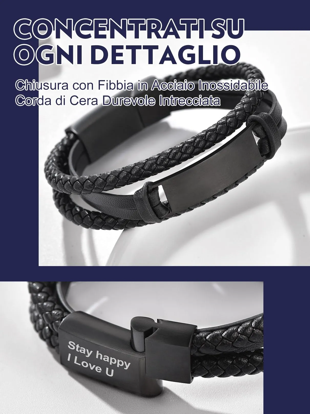 Bandmax Bracciale in Pelle Personalizzato Uomo, Nero, 21 cm - immagine 5