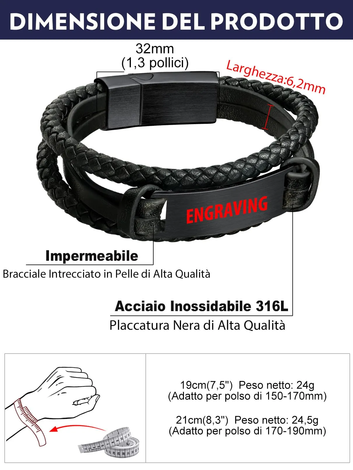 Bandmax Bracciale in Pelle Personalizzato Uomo, Nero, 21 cm - immagine 6
