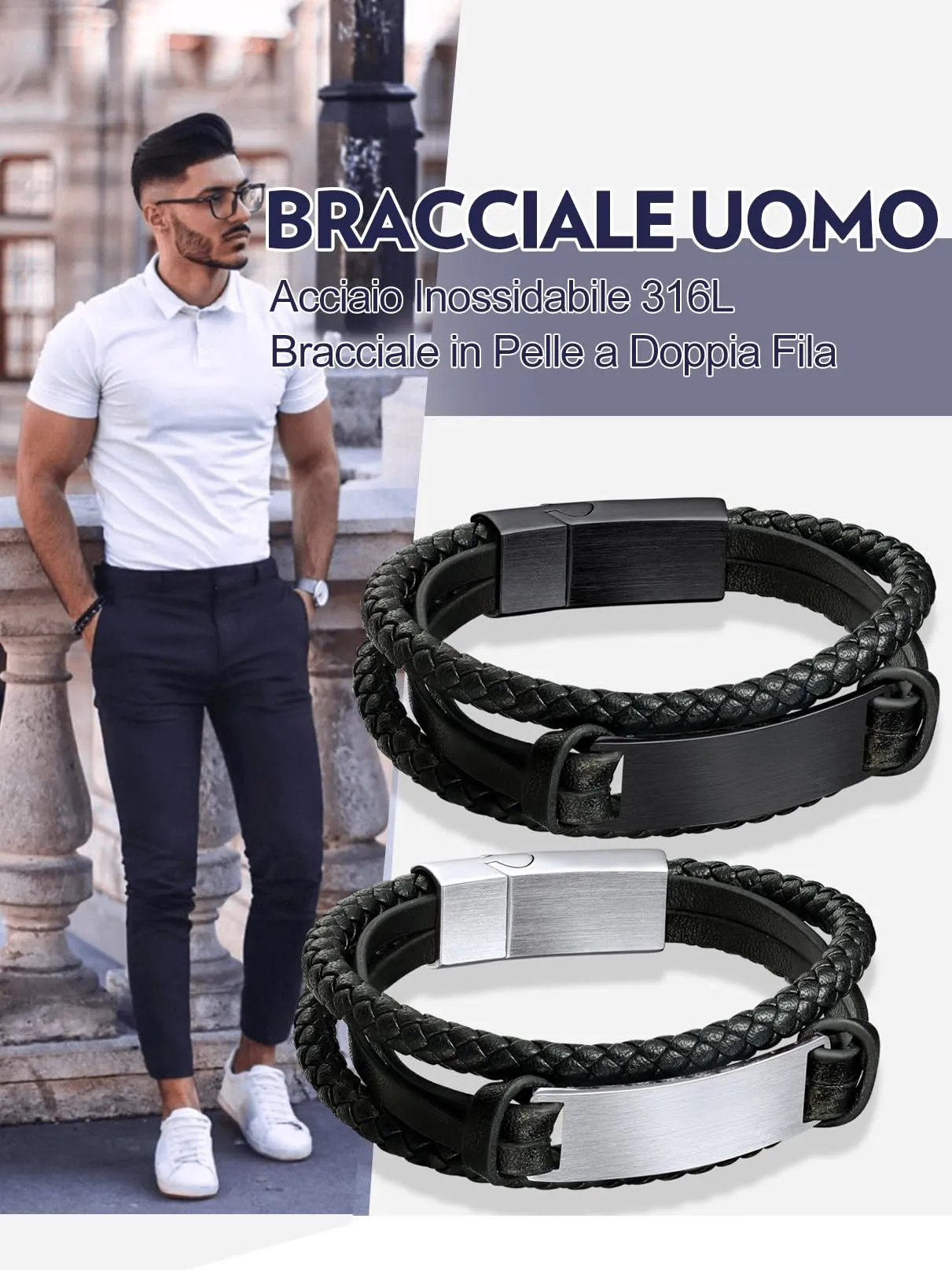 Bandmax Bracciale in Pelle Personalizzato Uomo, Nero, 21 cm - immagine 7