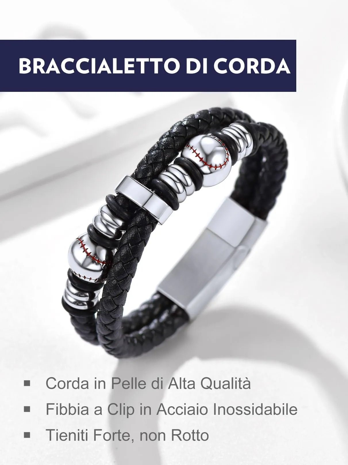 Bandmax Bracciale Personalizzato in Pelle con Baseball Argento, 21 cm - immagine 4