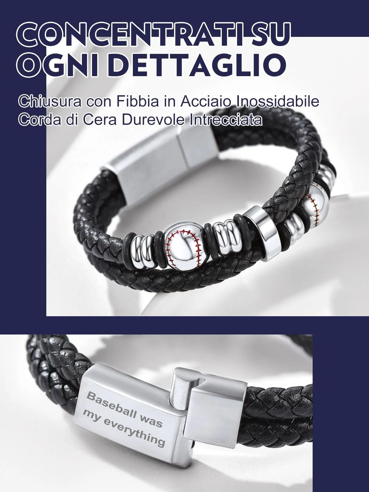 Bandmax Bracciale Personalizzato in Pelle con Baseball Argento, 21 cm - immagine 5