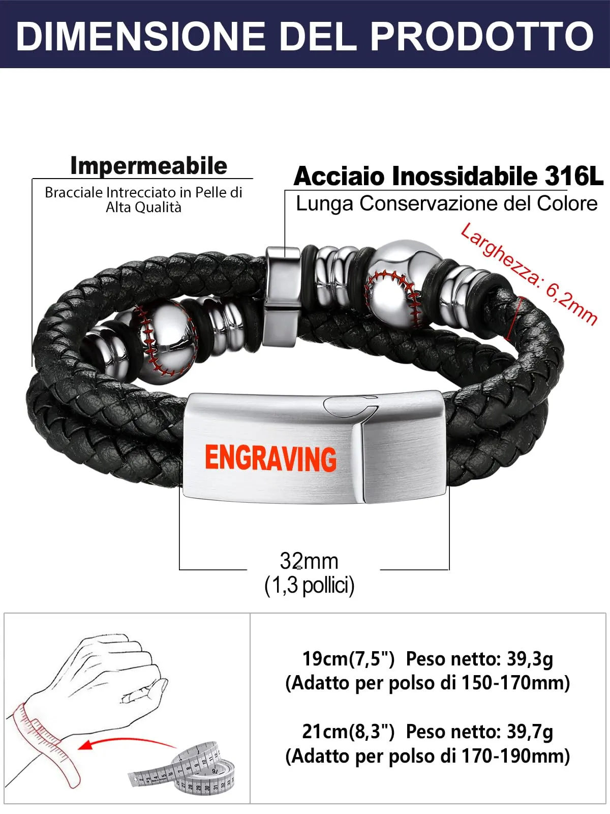 Bandmax Bracciale Personalizzato in Pelle con Baseball Argento, 21 cm - immagine 6