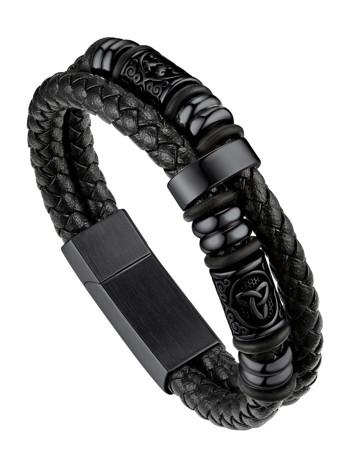 Bandmax Bracciale Uomo in Pelle con Bussola Vichingo e Triquetra Celtica, Nero, 23 cm - immagine 1