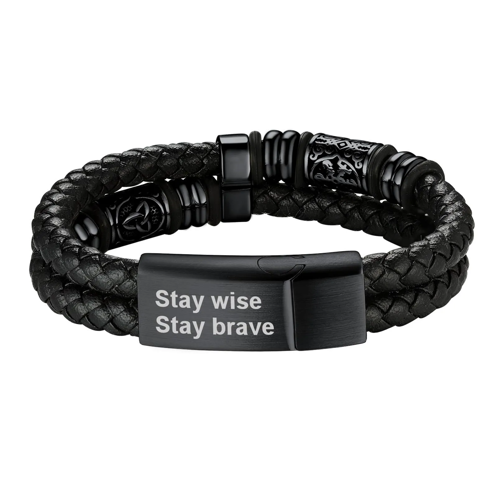 Bandmax Bracciale Personalizzato Uomo in Pelle con Triquetra Celtica e Bussola, 23 cm - immagine 1