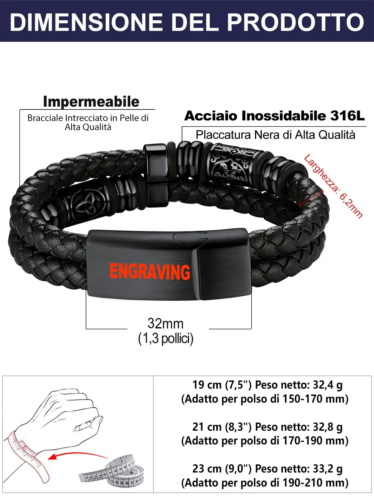 Bandmax Bracciale Personalizzato Uomo in Pelle con Triquetra Celtica e Bussola, 23 cm - immagine 6