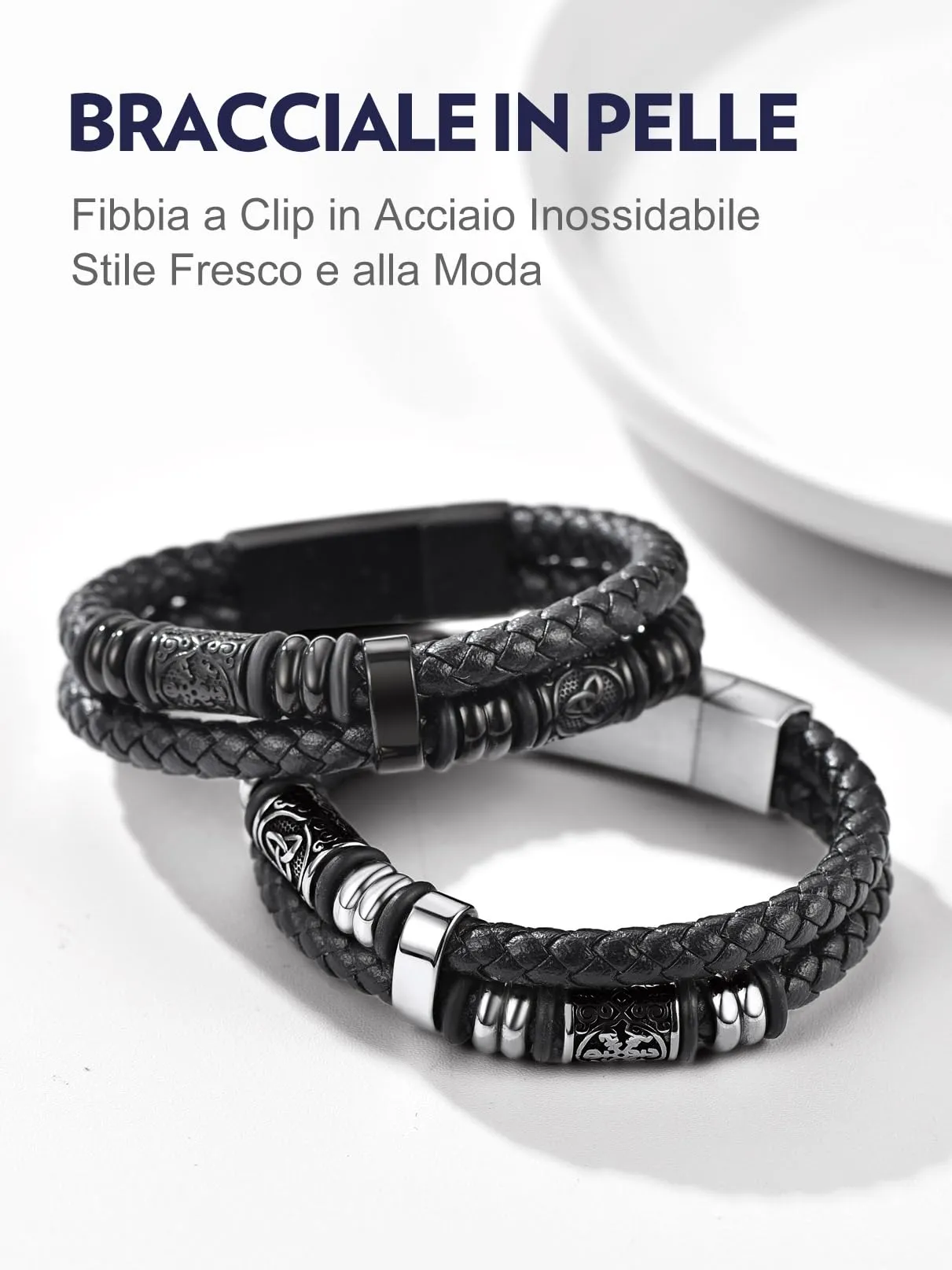 Bandmax Bracciale Personalizzato Uomo in Pelle con Triquetra Celtica e Bussola, 23 cm - immagine 7