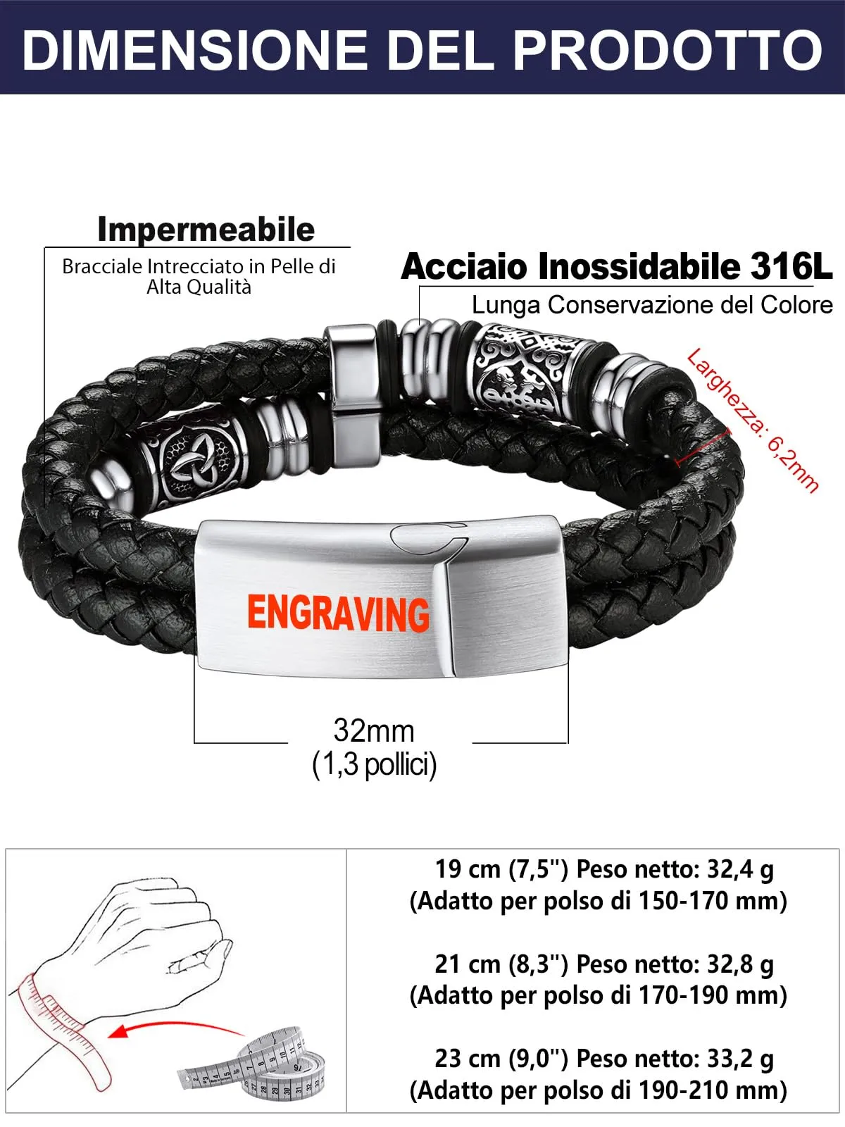 Bandmax Bracciale Personalizzato Uomo in Pelle con Triquetra Celtica e Bussola, 19 cm - immagine 6