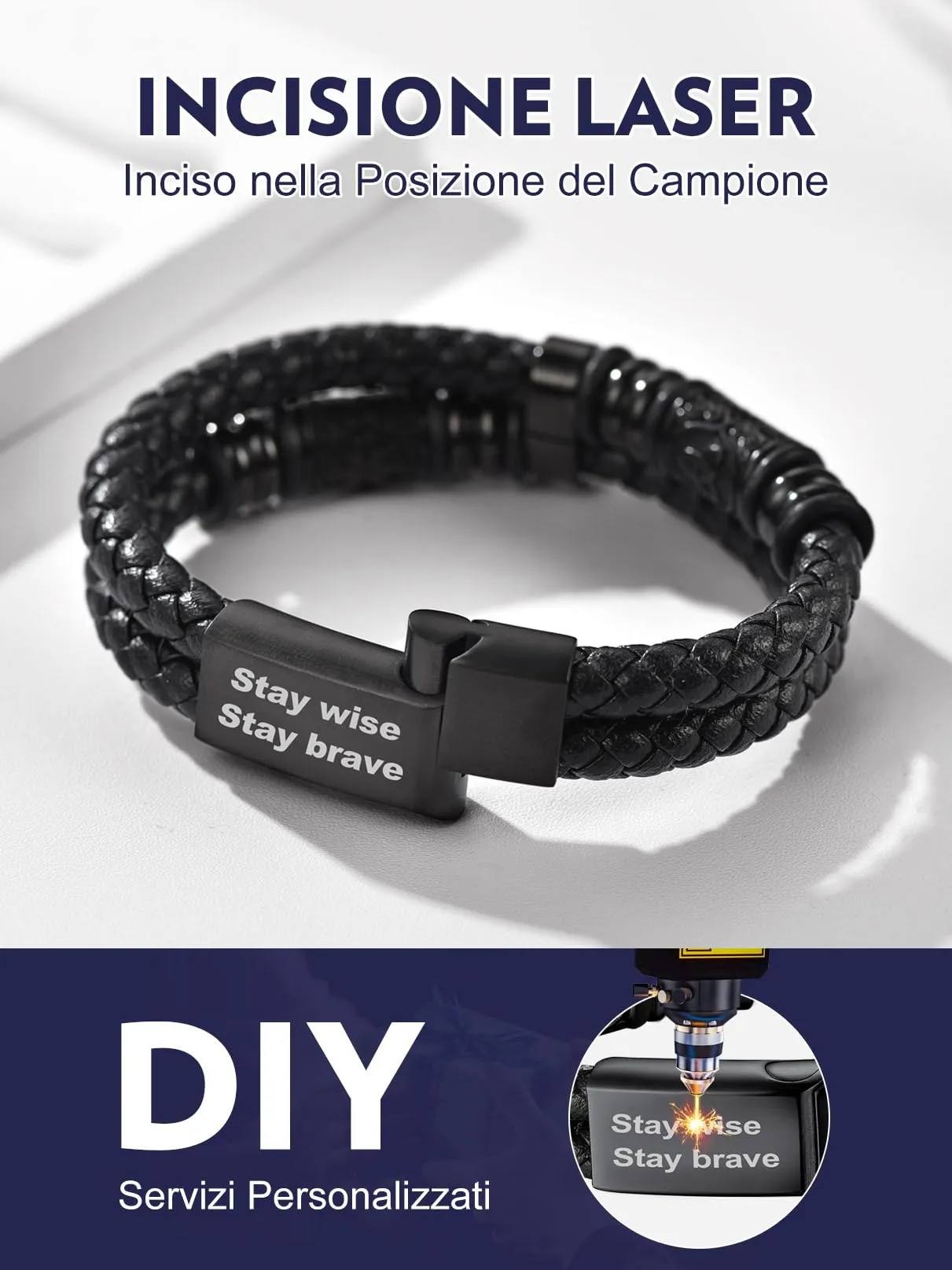 Bandmax Bracciale Personalizzato Uomo in Pelle con Triquetra Celtica e Bussola, 21 cm - immagine 3