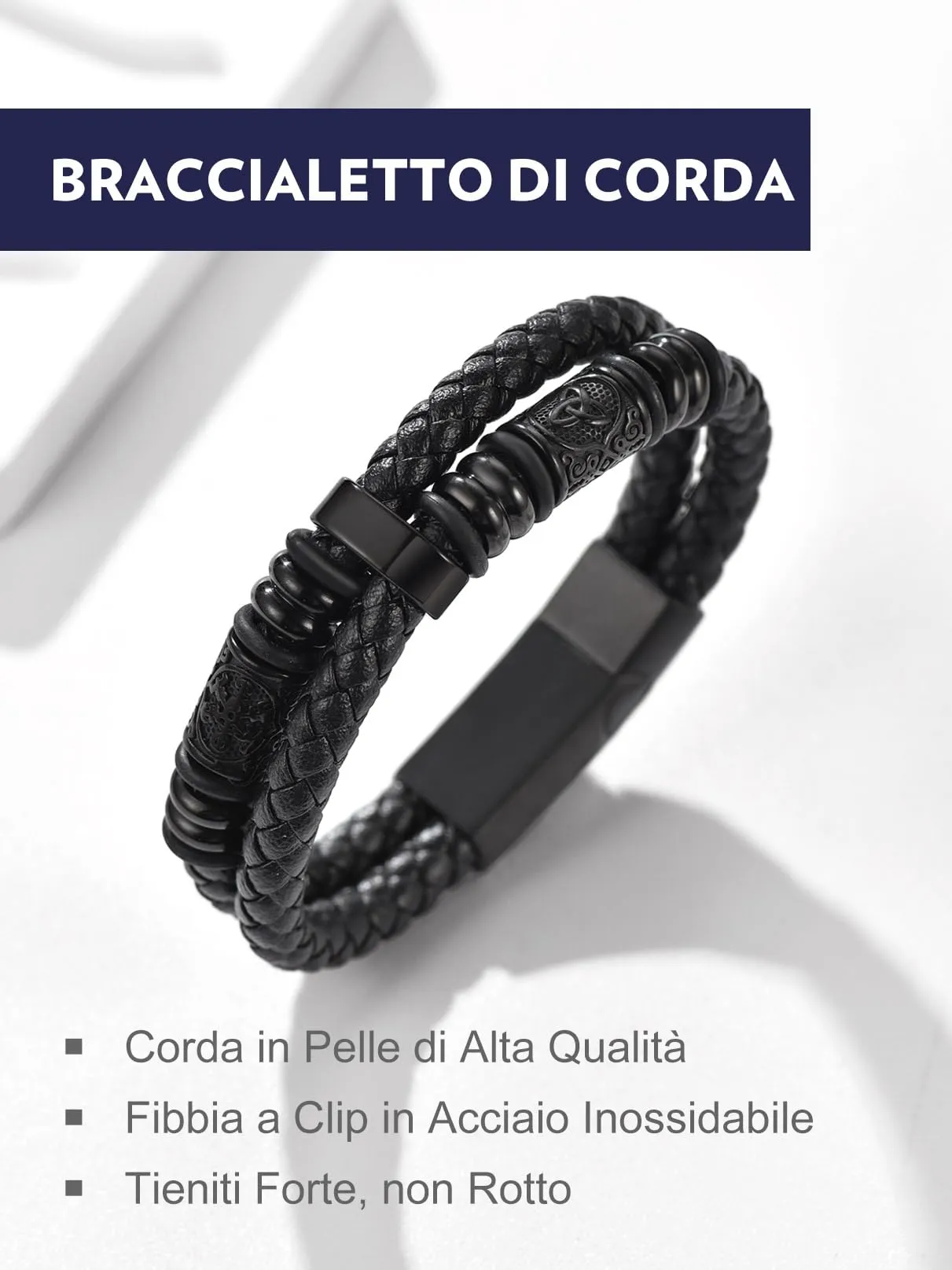 Bandmax Bracciale Personalizzato Uomo in Pelle con Triquetra Celtica e Bussola, 21 cm - immagine 4