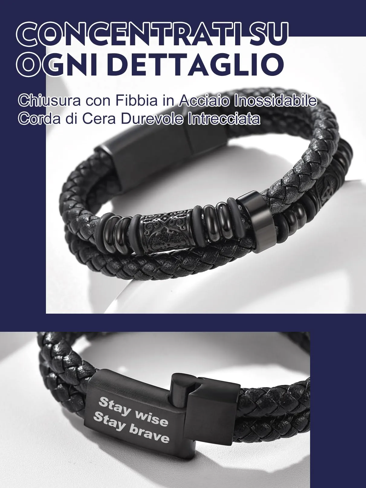 Bandmax Bracciale Personalizzato Uomo in Pelle con Triquetra Celtica e Bussola, 21 cm - immagine 5