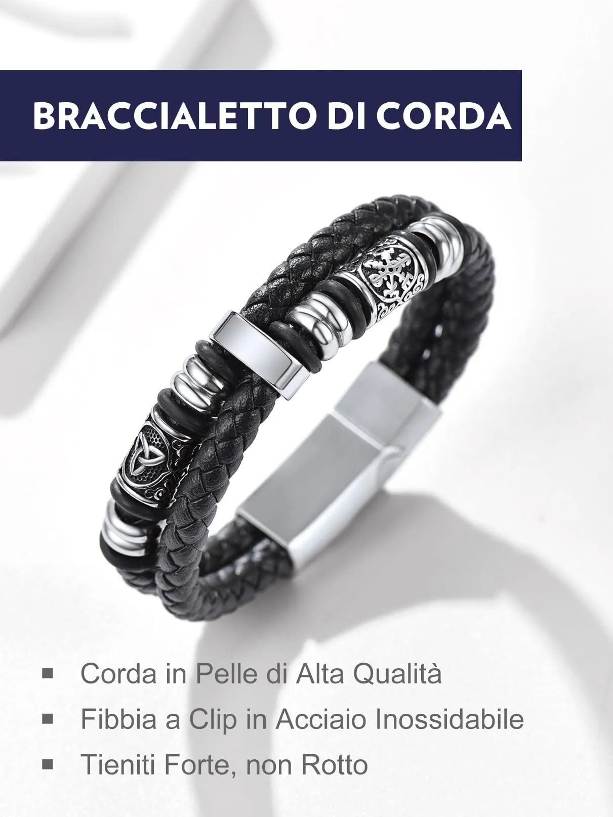 Bandmax Bracciale Personalizzato Uomo in Pelle con Triquetra Celtica e Bussola, 21 cm - immagine 4