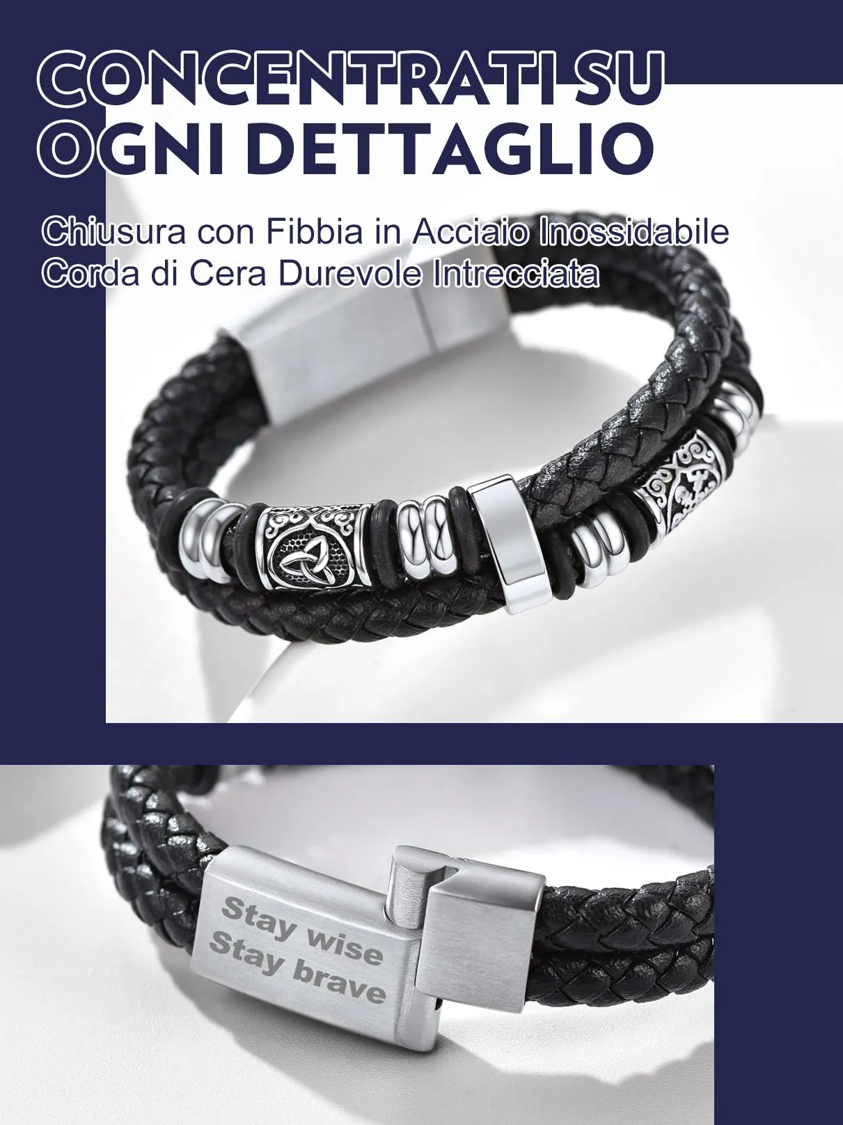 Bandmax Bracciale Personalizzato Uomo in Pelle con Triquetra Celtica e Bussola, 21 cm - immagine 5
