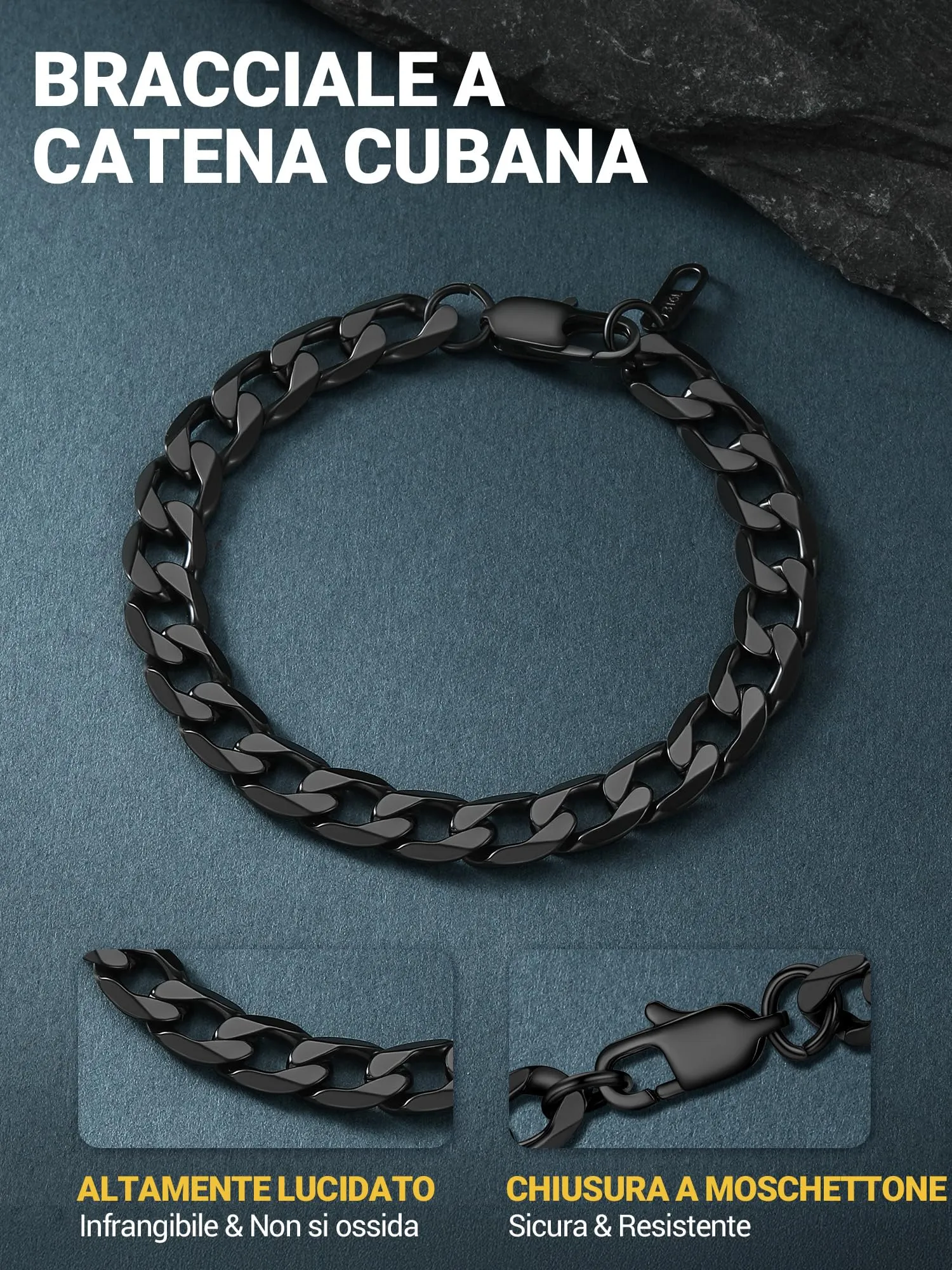PROSTEEL Bracciale Uomo Catena Cubana Nero 9mm 23cm - immagine 3