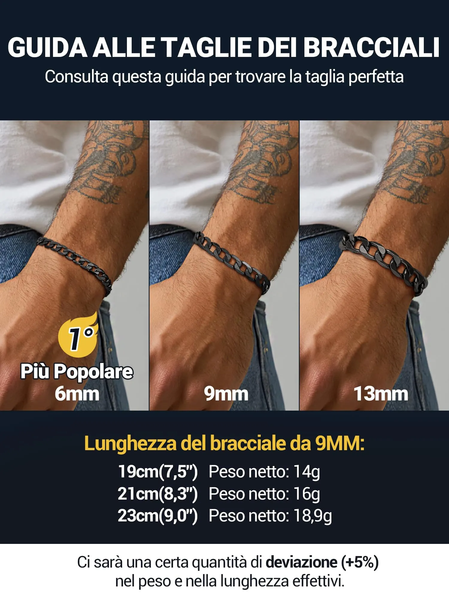 PROSTEEL Bracciale Uomo Catena Cubana Nero 9mm 23cm - immagine 5