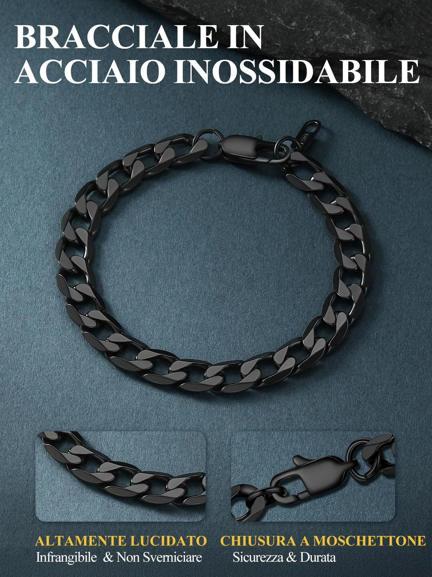 PROSTEEL Bracciale Uomo Catena Cubana Nero 9mm 23cm - immagine 6