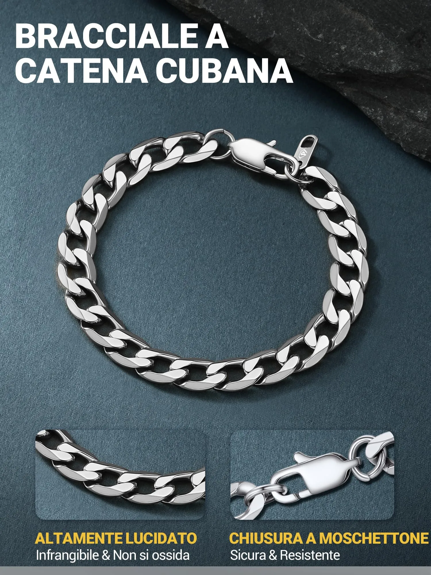 PROSTEEL Bracciale da uomo in acciaio inox a maglie pesanti, 9mm, 23cm, Argento - immagine 3