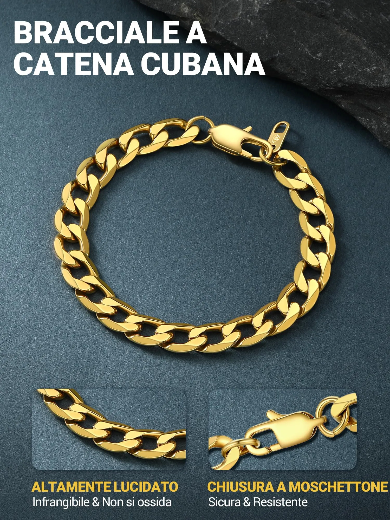 PROSTEEL Bracciale Uomo Catena Cubana Oro 9mm 23cm - immagine 4