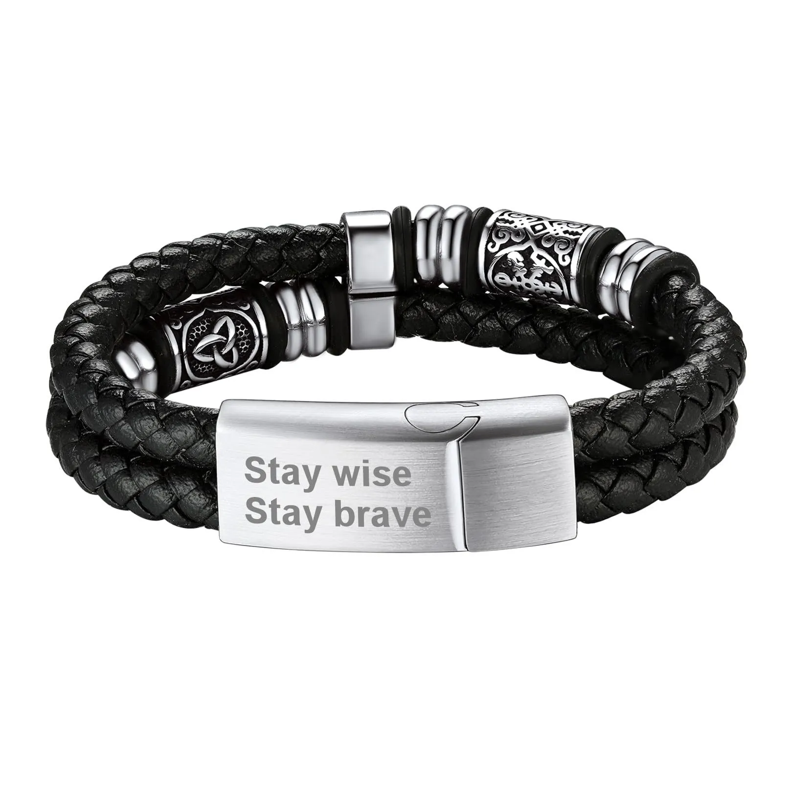 Bandmax Bracciale Personalizzato Uomo in Pelle con Triquetra Celtica e Bussola, 23 cm - immagine 1
