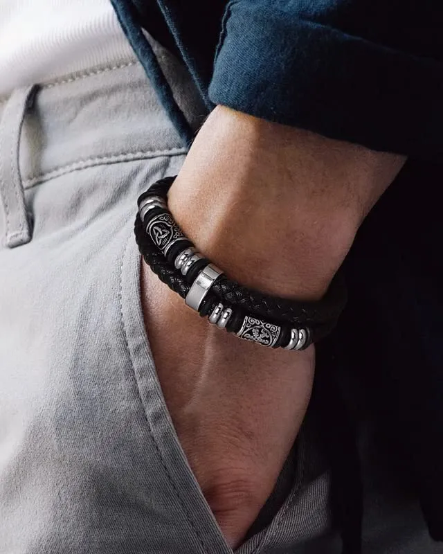 Bandmax Bracciale Personalizzato Uomo in Pelle con Triquetra Celtica e Bussola, 23 cm - immagine 2