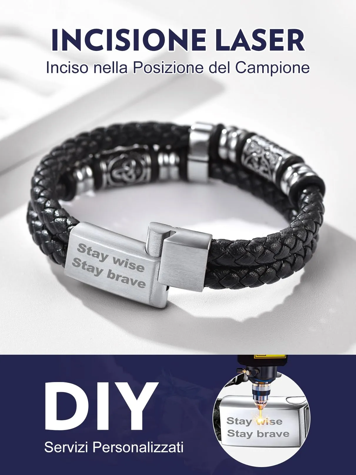 Bandmax Bracciale Personalizzato Uomo in Pelle con Triquetra Celtica e Bussola, 23 cm - immagine 3