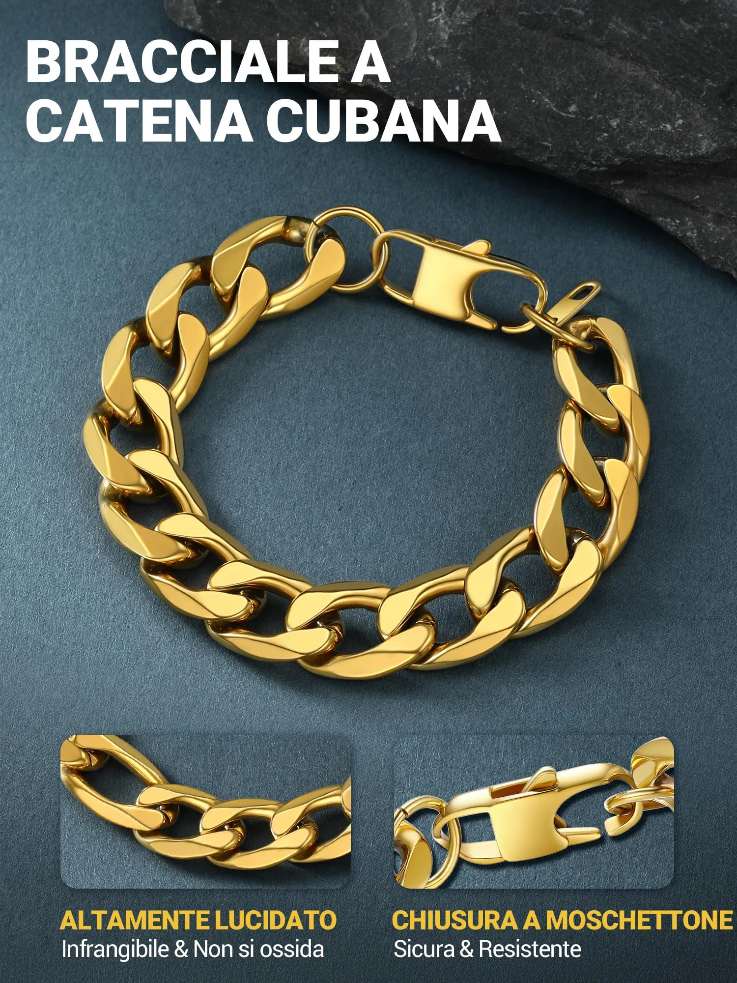 PROSTEEL Bracciale Uomo Catena Cubana Oro 13mm - immagine 3
