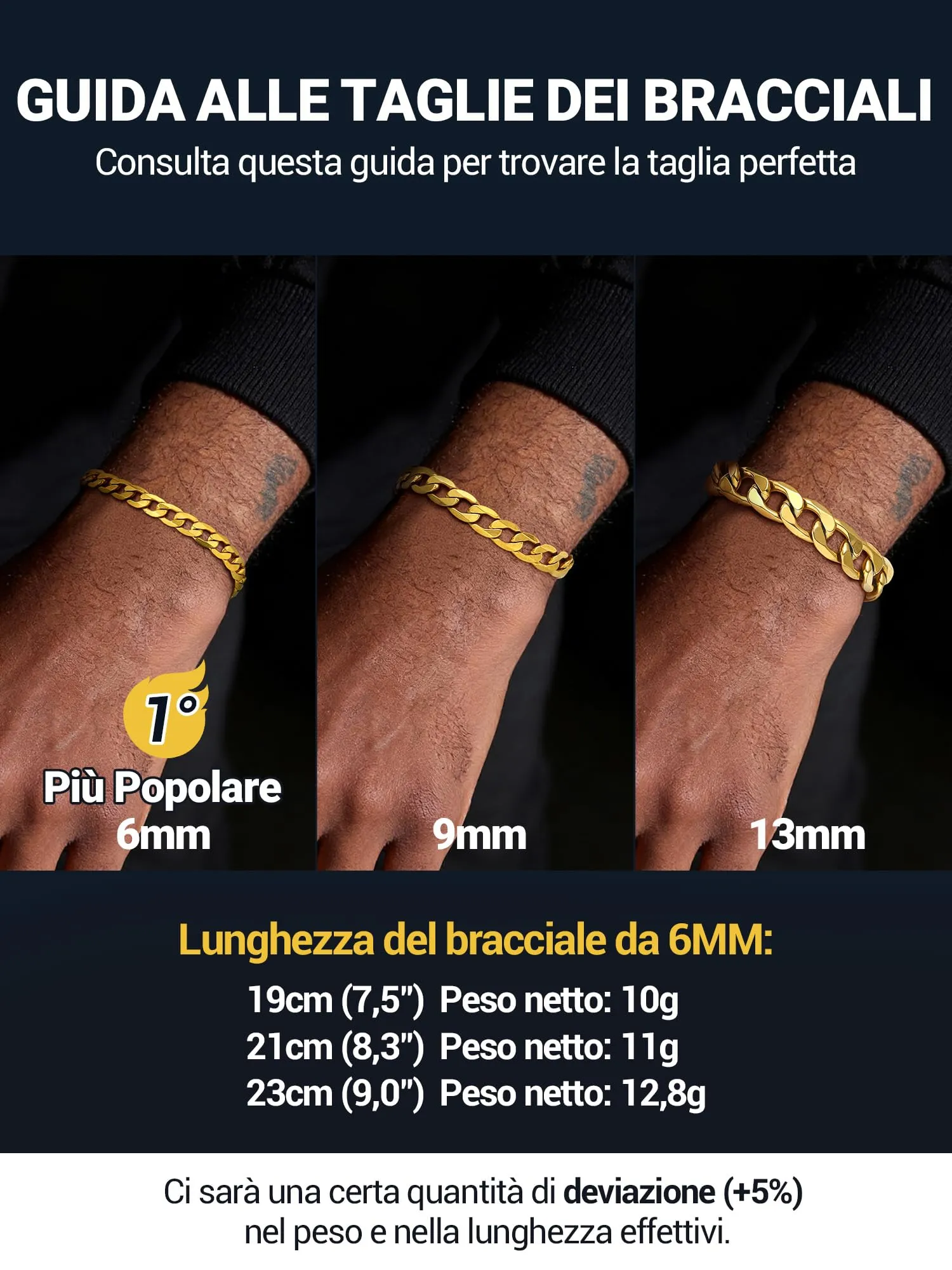 PROSTEEL Bracciale Uomo Catena Cubana 6mm Oro - immagine 5