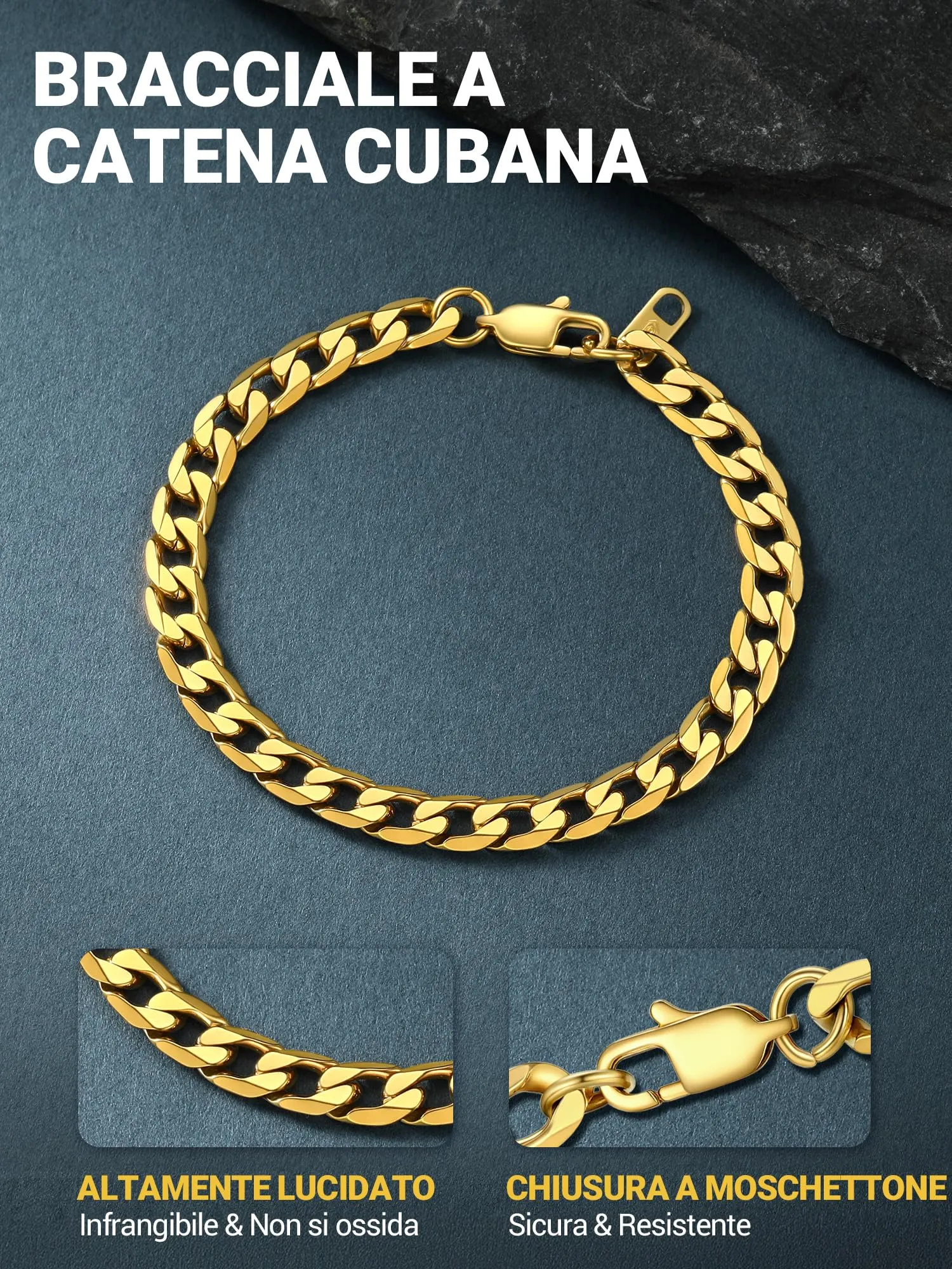PROSTEEL Bracciale Uomo Catena Cubana 6mm Oro - immagine 8