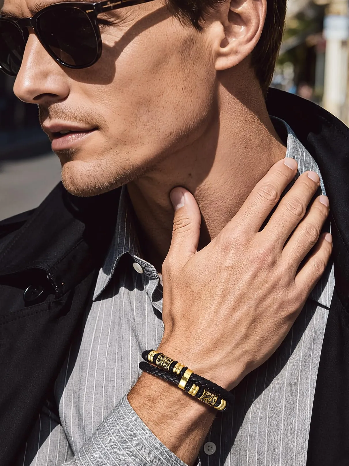 Bandmax Bracciale Uomo in Pelle con Bussola Vichinga e Triquetra Celtica, Oro, 23 cm - immagine 2