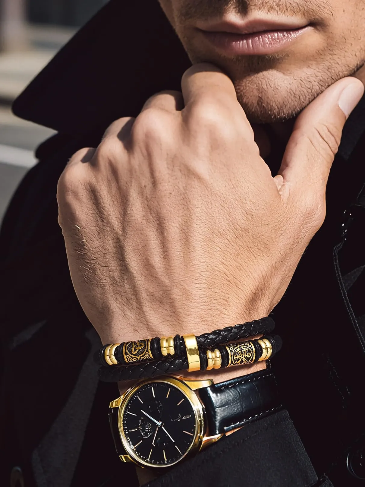 Bandmax Bracciale Uomo in Pelle con Bussola Vichinga e Triquetra Celtica, Oro, 23 cm - immagine 3