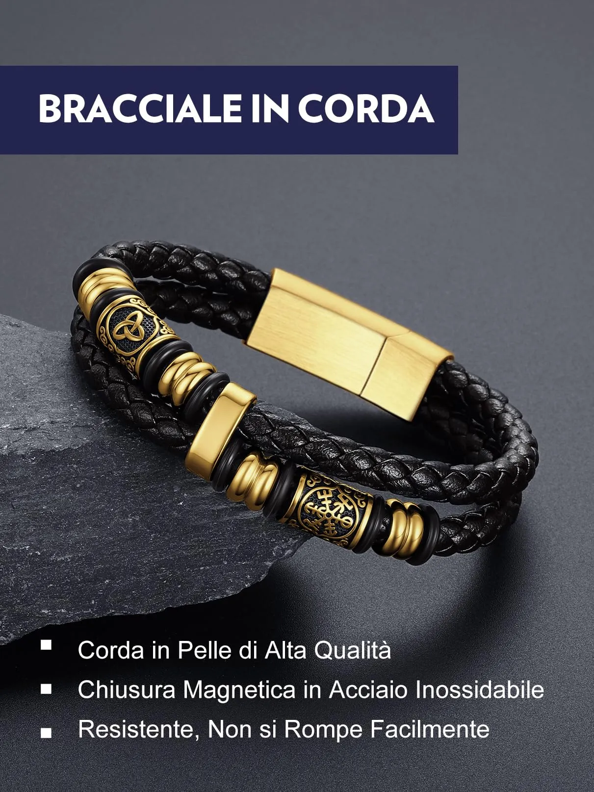 Bandmax Bracciale Uomo in Pelle con Bussola Vichinga e Triquetra Celtica, Oro, 23 cm - immagine 4