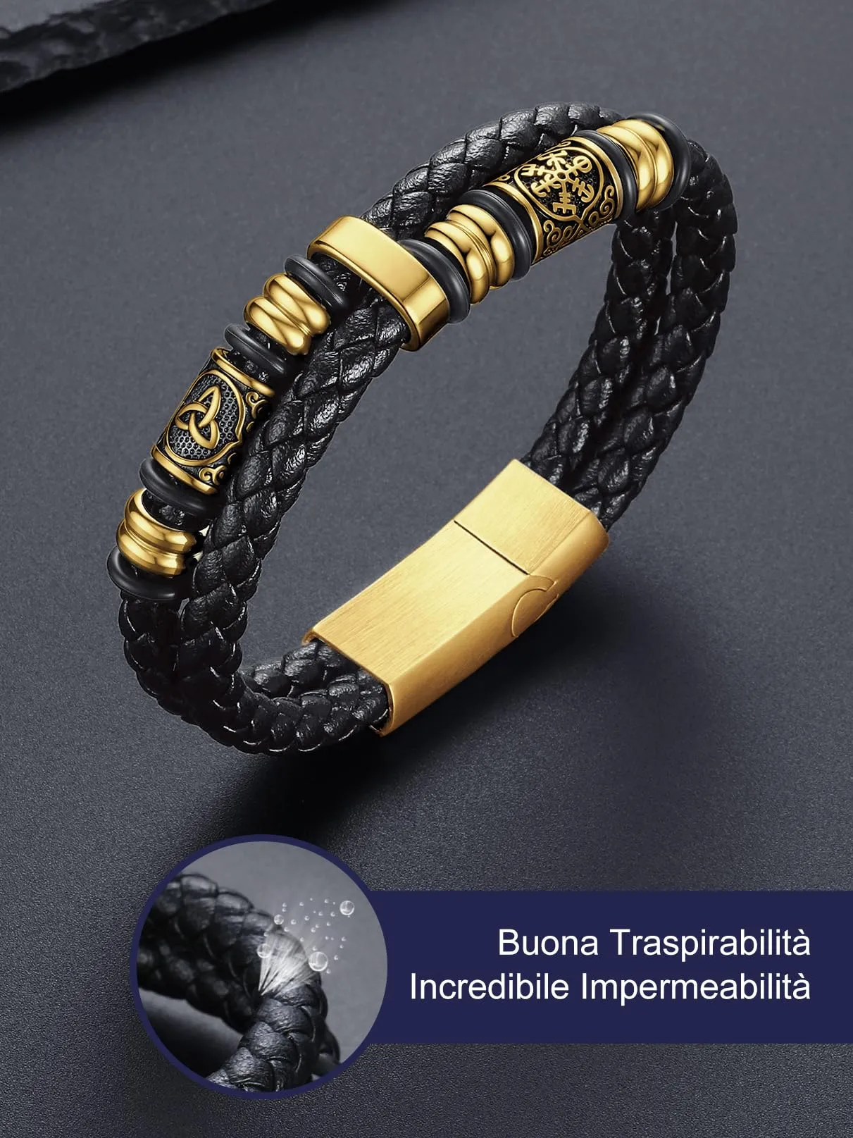 Bandmax Bracciale Uomo in Pelle con Bussola Vichinga e Triquetra Celtica, Oro, 23 cm - immagine 5