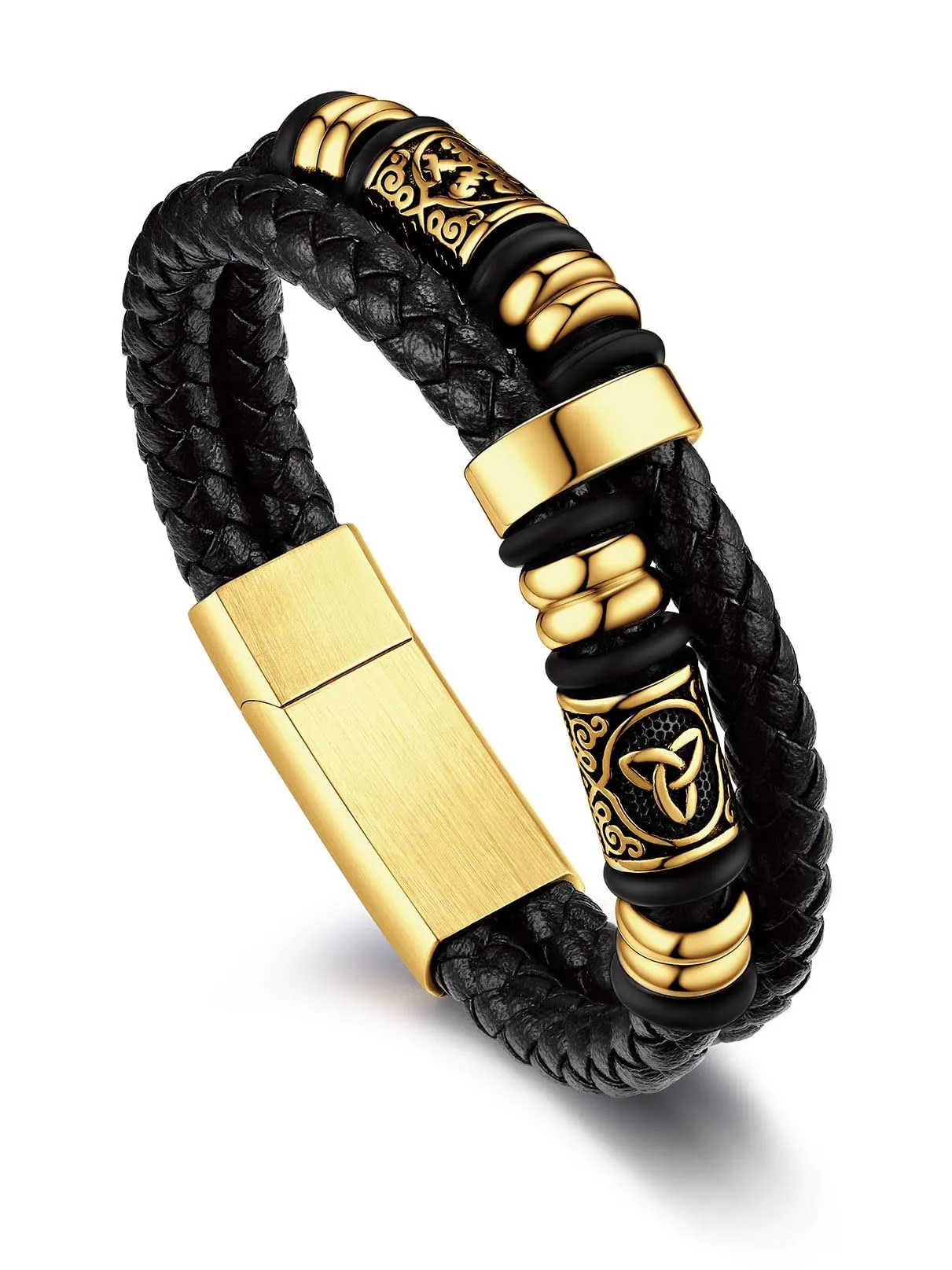 Bandmax Bracciale Uomo in Pelle con Bussola Vichingo e Triquetra Celtica, Oro, 25 cm - immagine 1