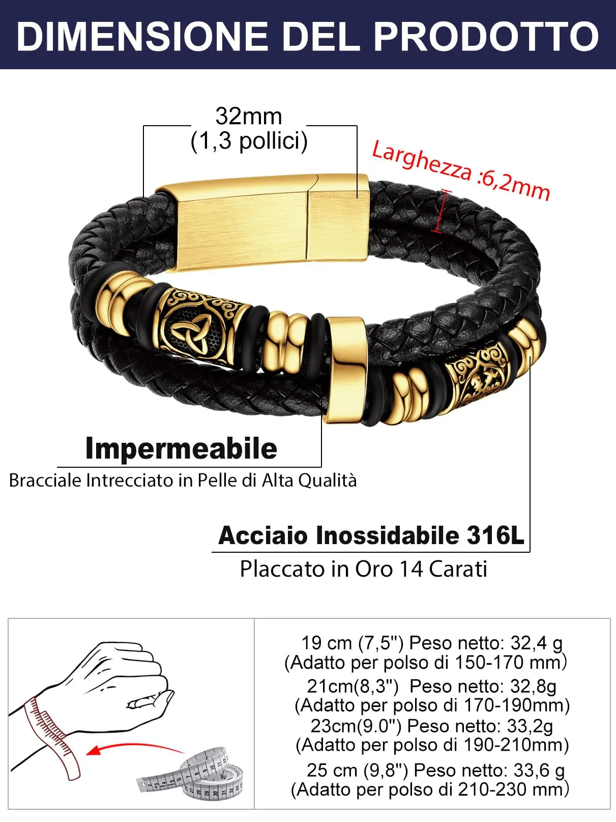 Bandmax Bracciale Uomo in Pelle con Bussola Vichingo e Triquetra Celtica, Oro, 25 cm - immagine 7