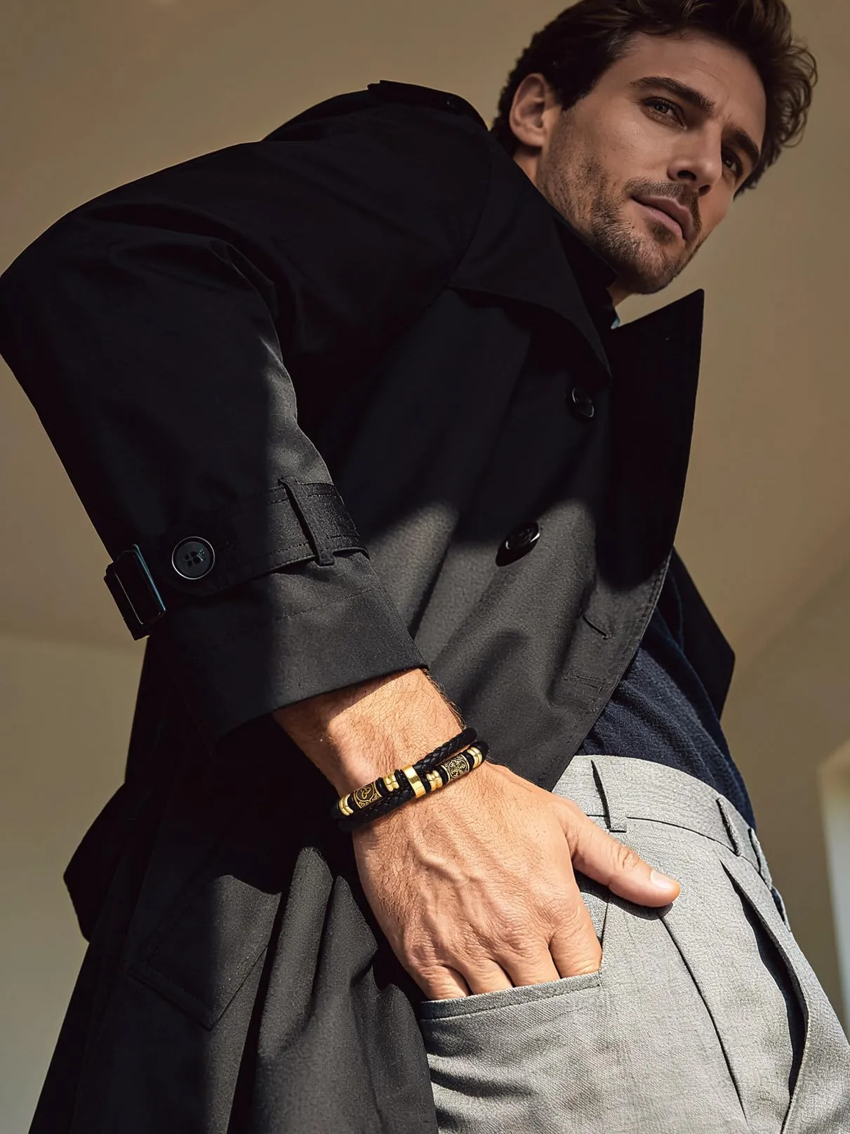 Bandmax Bracciale Uomo in Pelle con Bussola Vichingo e Triquetra Celtica, Oro, 21 cm - immagine 2
