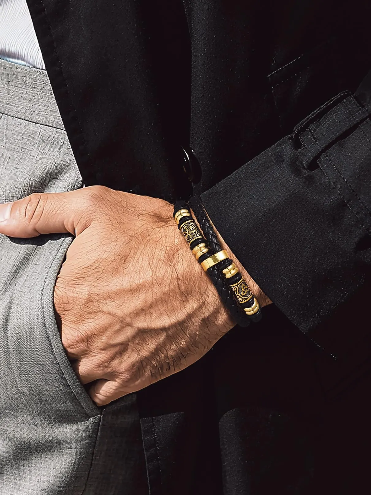 Bandmax Bracciale Uomo in Pelle con Bussola Vichingo e Triquetra Celtica, Oro, 21 cm - immagine 3