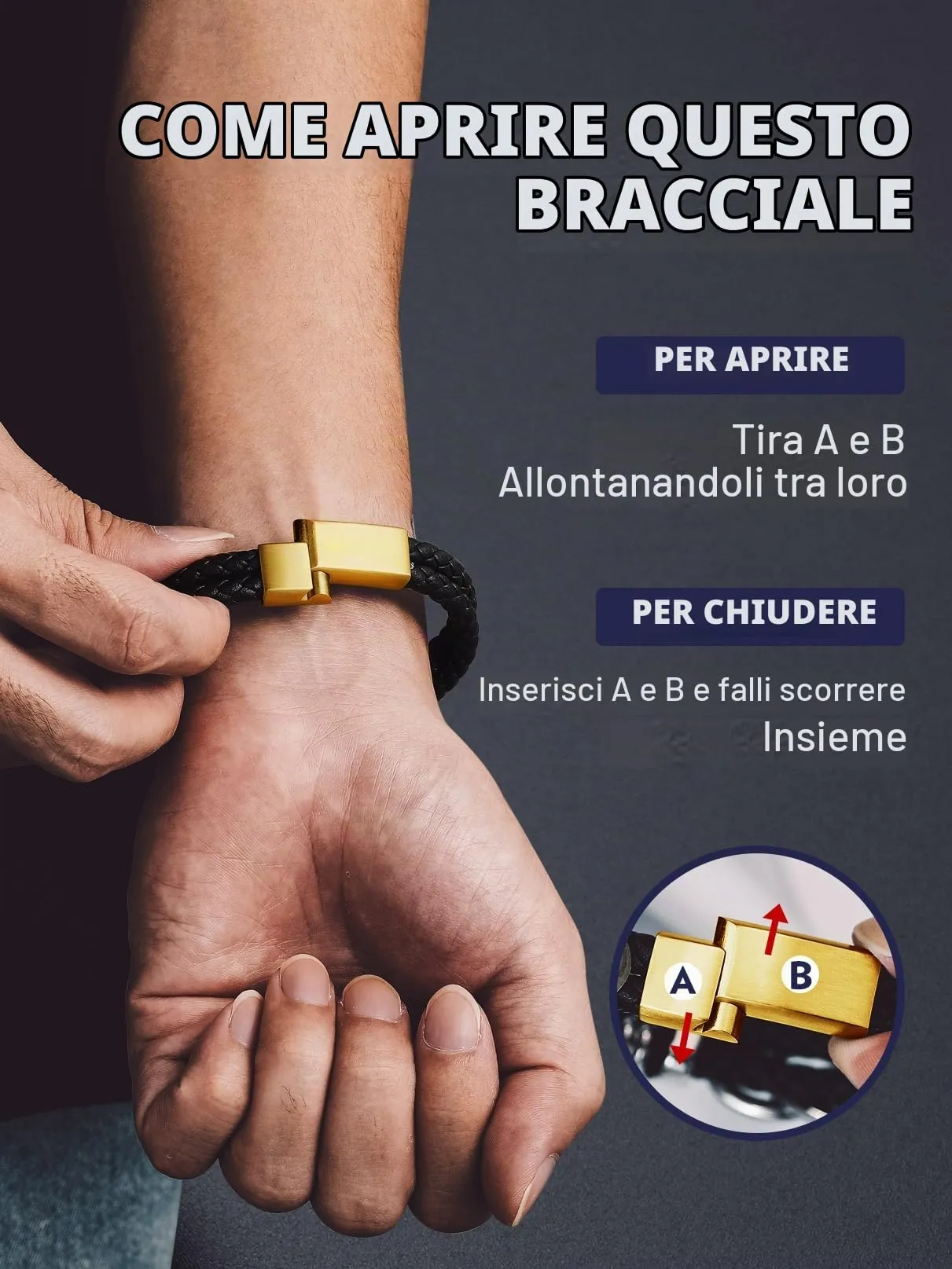 Bandmax Bracciale Uomo in Pelle con Bussola Vichingo e Triquetra Celtica, Oro, 21 cm - immagine 6