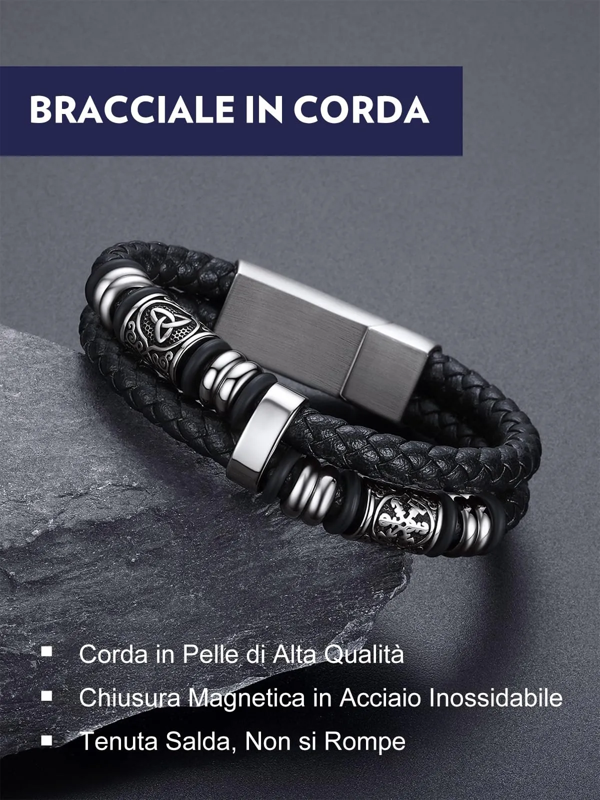 Bandmax Bracciale Uomo in Pelle con Bussola Vichingo e Triquetra Celtica, Argento, 25 cm - immagine 3