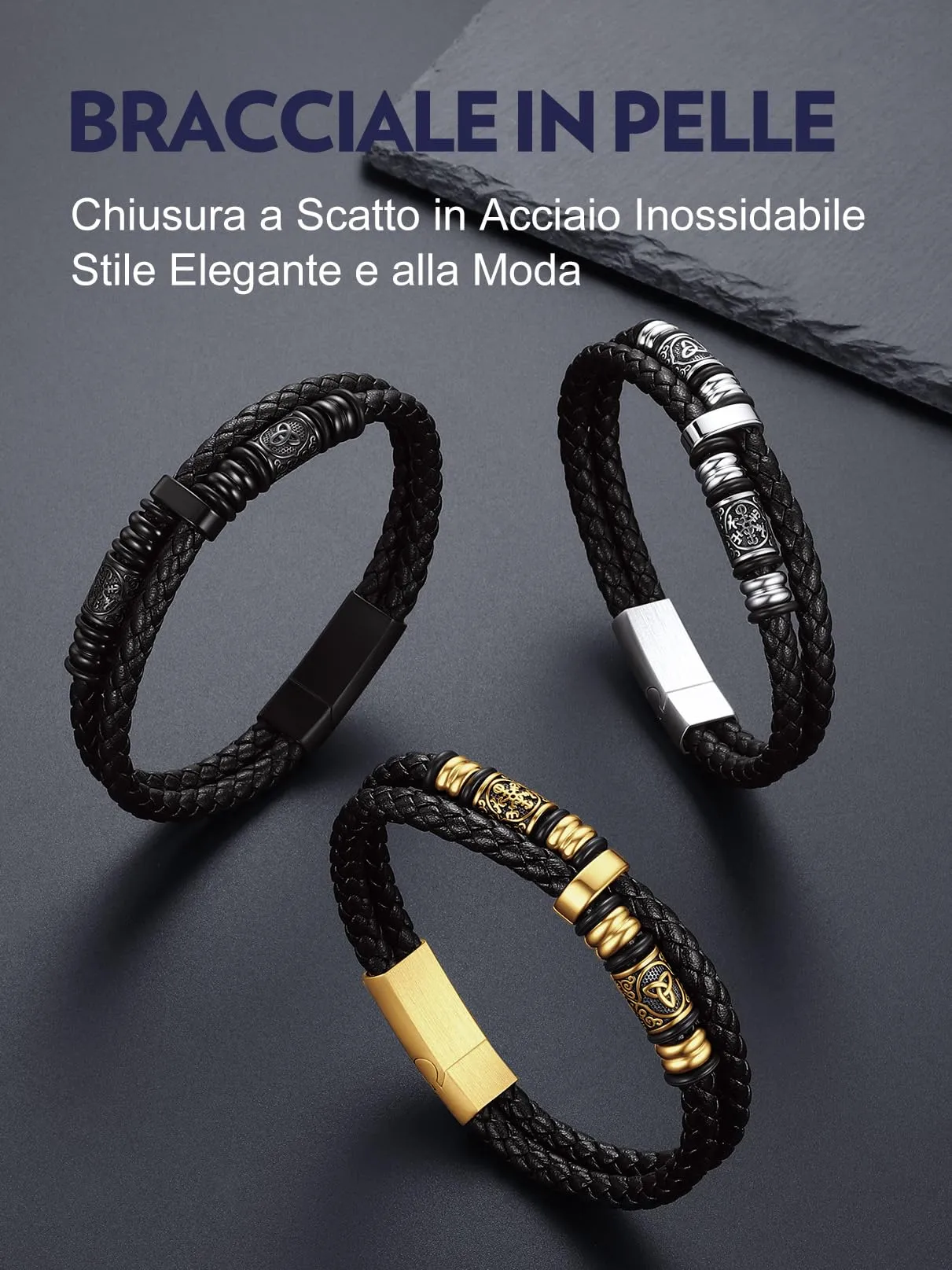 Bandmax Bracciale Uomo in Pelle con Bussola Vichingo e Triquetra Celtica, Argento, 25 cm - immagine 7