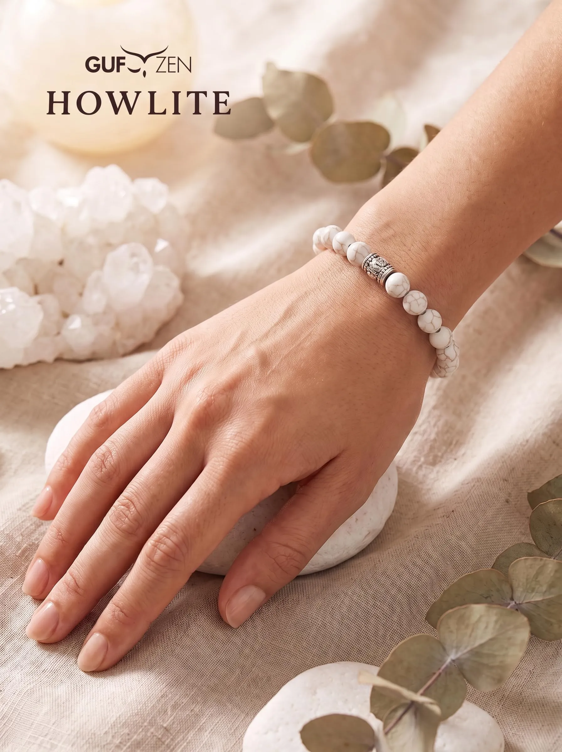GufoZen Bracciale Pietre Naturali 8mm Howlite per Uomo e Donna - immagine 3