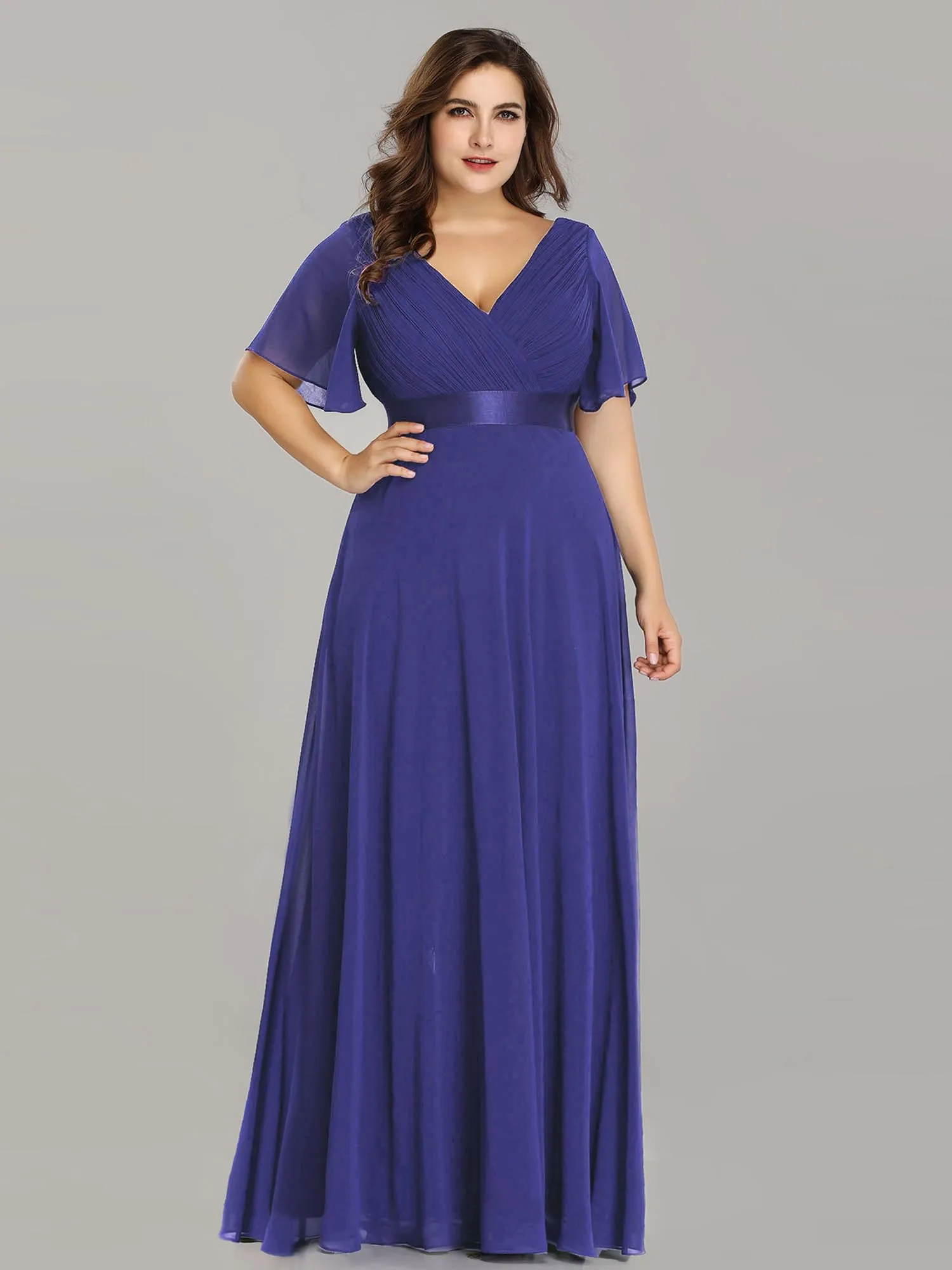 Ever-Pretty Vestito da Cerimonia Donna Stile Impero Linea ad A Scollo a V Maniche Corte Lungo Blu Reale 42EU - immagine 4