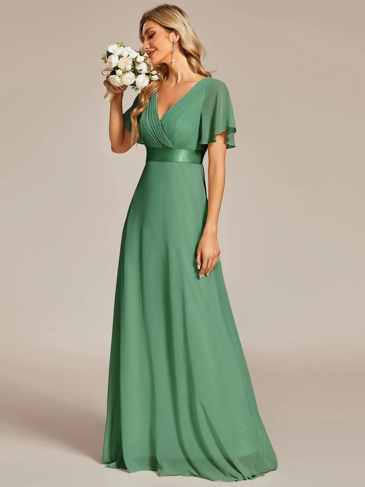 Ever-Pretty Vestito da Cerimonia Donna Stile Impero Linea ad A Scollo a V Maniche Corte Lungo, Fagiolo Verde, 50EU - immagine 6
