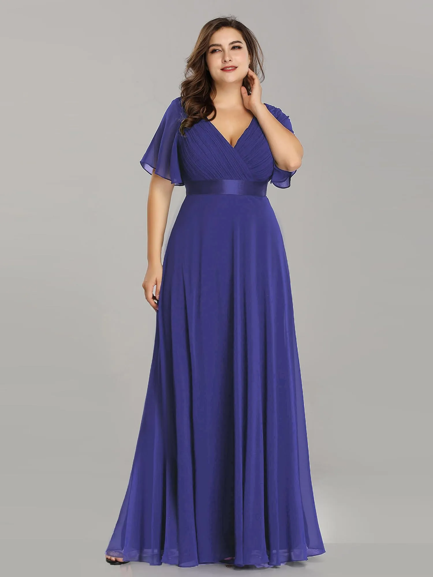 Ever-Pretty Vestito da Cerimonia Donna Stile Impero Linea ad A Scollo a V Maniche Corte Lungo Blu Reale 48EU - immagine 5